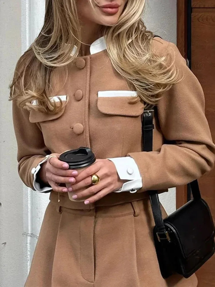 Fashion Contrast Color Small Fragrance Style Celebrity Women Wool Skirt Set Button Slim Long Sleeve Two Piece Set