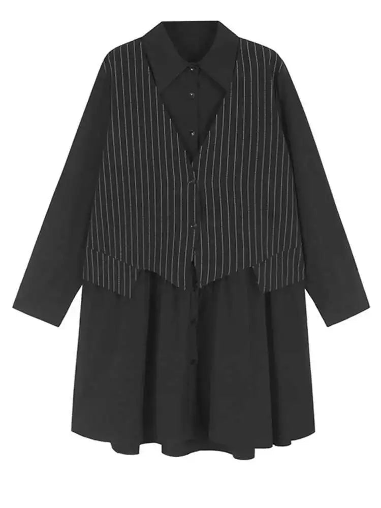 Women Black Striped Drawstring Big Size Knee-Length Dress New Lapel Long Sleeve Fashion Tide Spring Autumn 2025 1DH9966