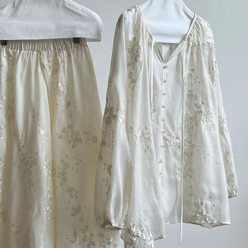 Load image into Gallery viewer, Apricot Shirt Embroidery Thin Skirt Two Pieces Suit New V-Neck Long Sleeve Women Fashion Tide Spring Summer 2025 1DJ1241
