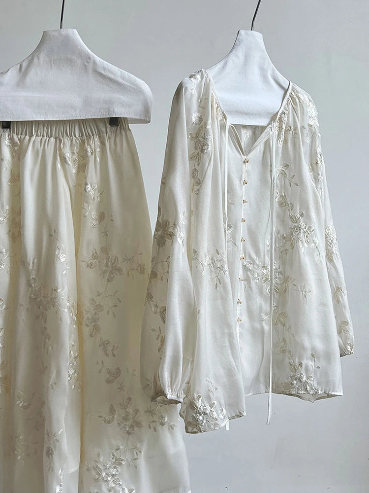 Apricot Shirt Embroidery Thin Skirt Two Pieces Suit New V-Neck Long Sleeve Women Fashion Tide Spring Summer 2025 1DJ1241