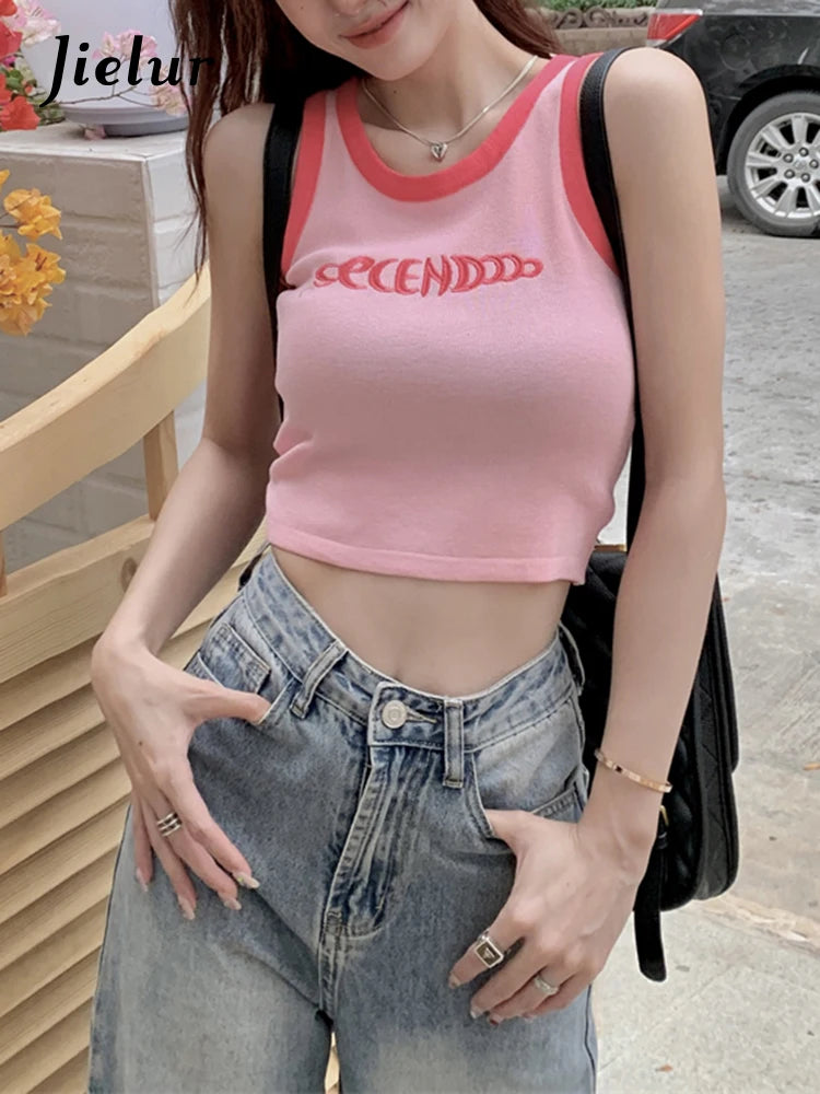 Pink Spell Color Letter Embroidery Women Tanks Korean Style Basic Sleeveless Slim Summer High Street Female Casual Tanks