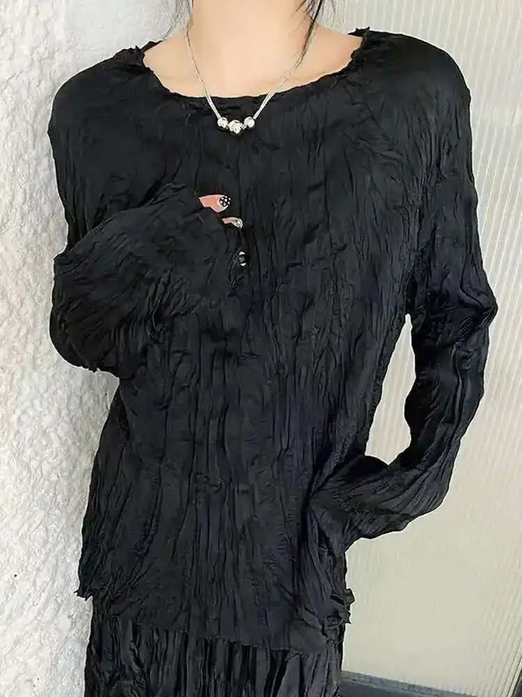 Women White Pleated Thin Big Size Casual T-shirt New Round Neck Long Sleeve Fashion Tide Spring Autumn 2025 1DH7229