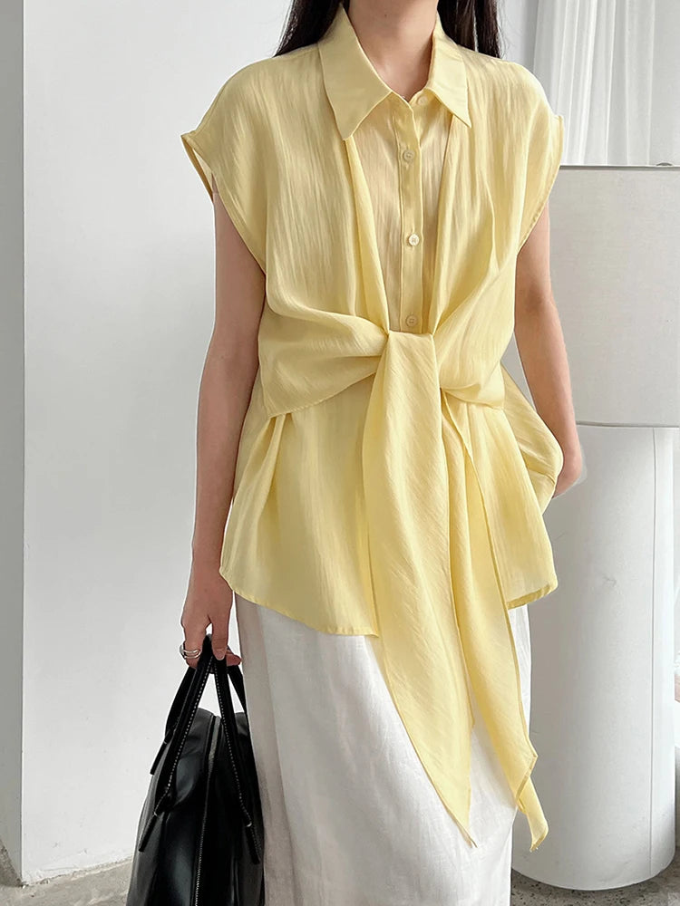 Women Yellow Bandage Thin Big Size Elegant Blouse New Lapel Sleeveless Shirt Fashion Tide Spring Summer 2025 1DJ1300