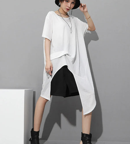 Women White Irregular Hem Big Size Casual Long T-shirt New Round Neck Short Sleeve Fashion Tide Spring Summer 2025 1DJ1802