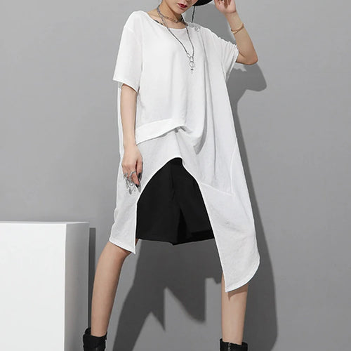 Load image into Gallery viewer, Women White Irregular Hem Big Size Casual Long T-shirt New Round Neck Short Sleeve Fashion Tide Spring Summer 2025 1DJ1802
