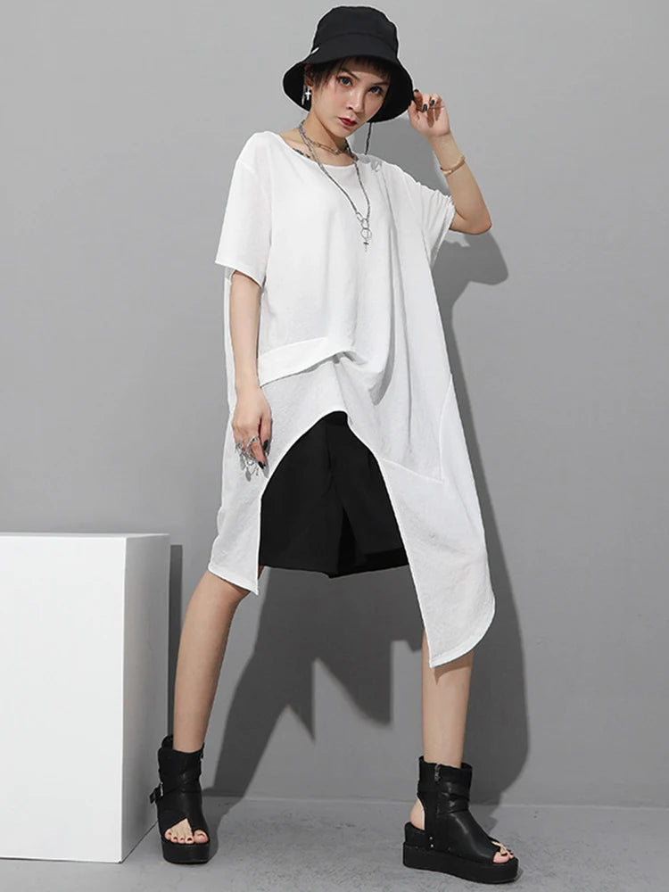 Women White Irregular Hem Big Size Casual Long T-shirt New Round Neck Short Sleeve Fashion Tide Spring Summer 2025 1DJ1802