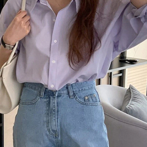 Load image into Gallery viewer, Spring Purple Women Shirt Korean Style Solid Color Drop Sleeves Loose Chic Fashion Female Shirts Simple Casual Shirts
