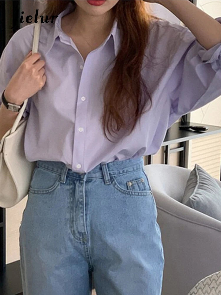 Spring Purple Women Shirt Korean Style Solid Color Drop Sleeves Loose Chic Fashion Female Shirts Simple Casual Shirts