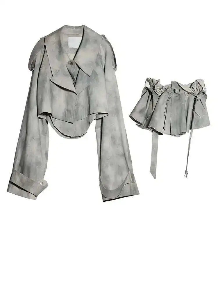 Gray Big Size Jacket Half-body Skirt Two Pieces Suit New Lapel Long Sleeve Women Fashion Tide Spring Autumn 2025 1DH7068