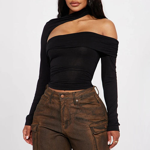 Load image into Gallery viewer, Streetwear Halter Turtleneck Sexy T shirt Women Autumn Crop Tops Fitness Basic Cut Out Asymmetrical Tees Party Club
