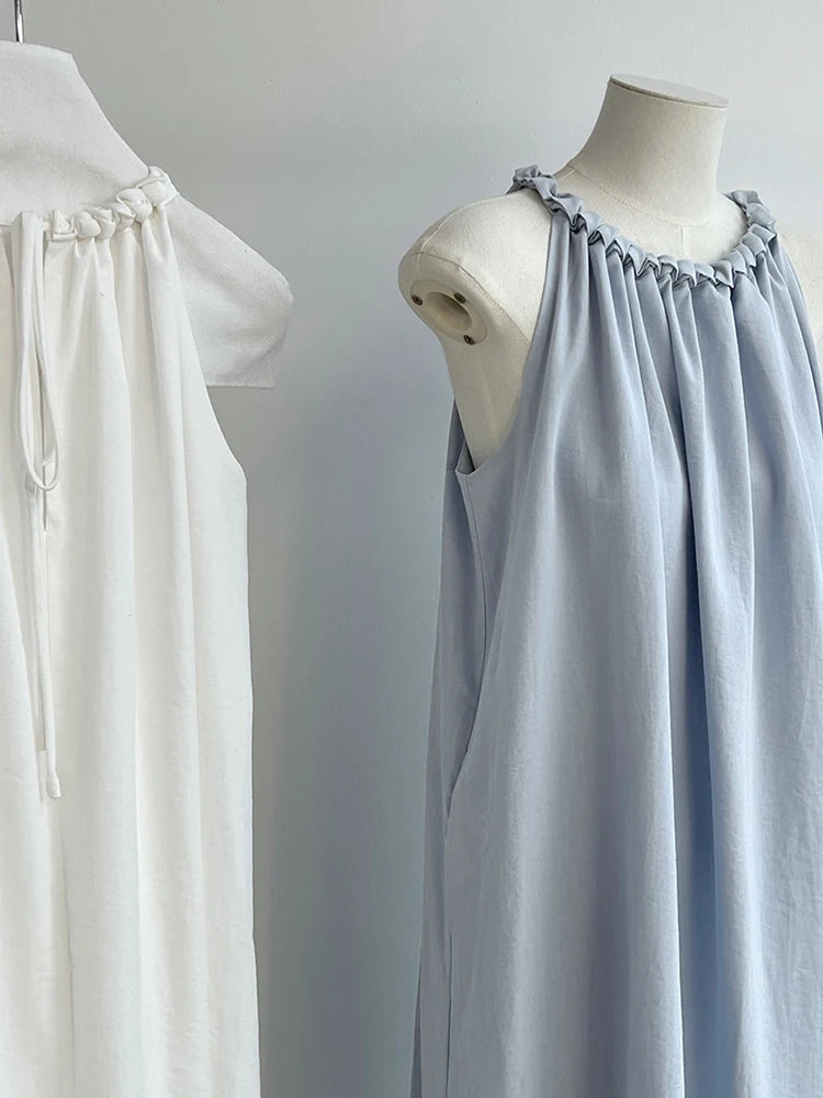 Women White Blue Knot Elegant Big Size Long Vest Dress New Halter Sleeveless Fashion Tide Spring Summer 2025 1DJ1282