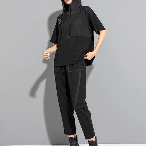 Load image into Gallery viewer, Women Black Zipper Drawstring Spliced Big Size T-shirt New Hooded Short Sleeve Fashion Tide Spring Summer 2025 1DJ1775
