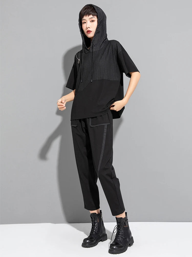 Women Black Zipper Drawstring Spliced Big Size T-shirt New Hooded Short Sleeve Fashion Tide Spring Summer 2025 1DJ1775