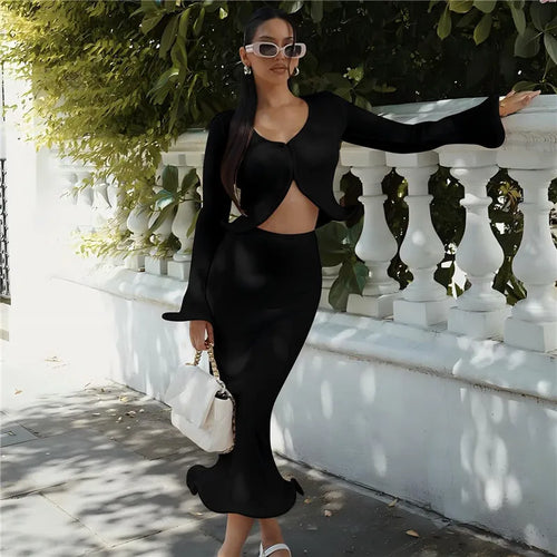 Load image into Gallery viewer, Elegant Sexy Skirt Two Piece Sets Women Autumn New V Neck Long Sleeve T-shirt And Long Skirt Matching Two Piece Sets
