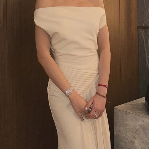 Load image into Gallery viewer, Solid Spliced Folds Slimming Dresses For Women Slash Neck Sleeveless High Waist Temperament Dress Female Fashion
