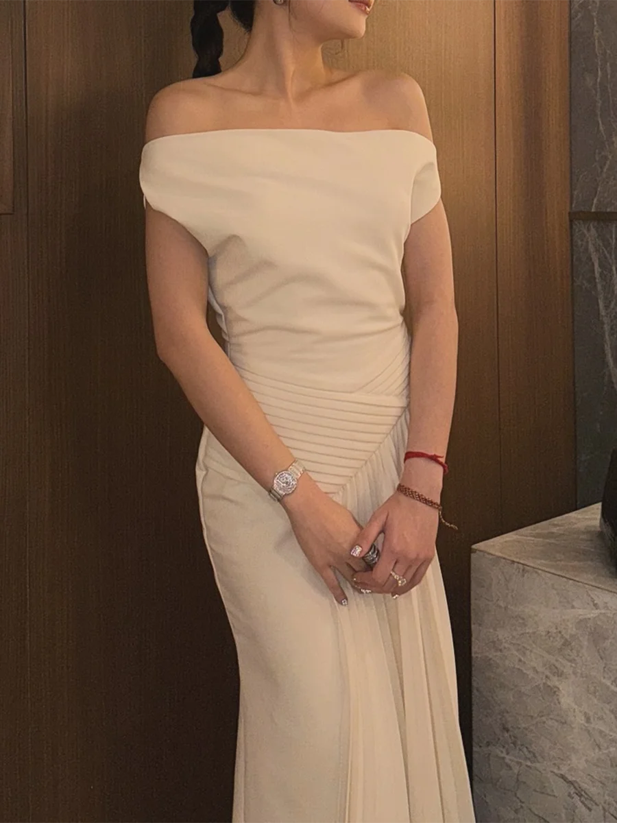 Solid Spliced Folds Slimming Dresses For Women Slash Neck Sleeveless High Waist Temperament Dress Female Fashion