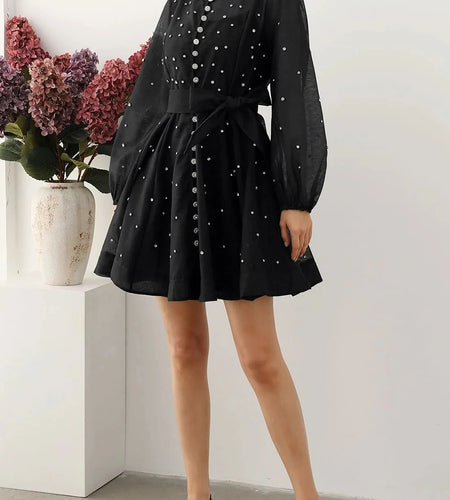 Solid Spliced Lace Up Loose Dresses For Women O Neck Long Sleeve High Waist Temperament Dress Female Clothes New