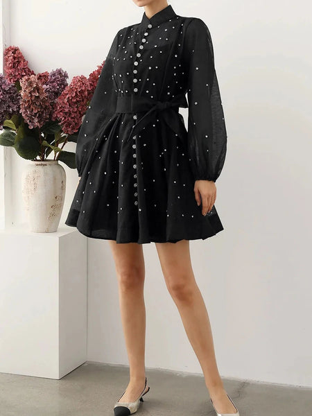 Solid Spliced Lace Up Loose Dresses For Women O Neck Long Sleeve High Waist Temperament Dress Female Clothes New