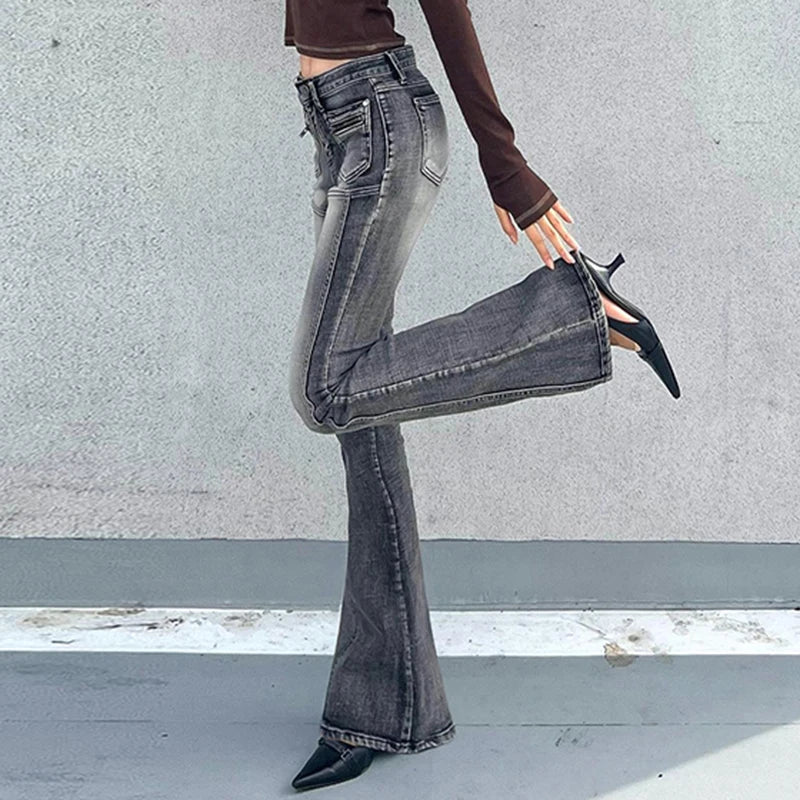 Vintage Y2K Aesthetic Low Rise Flare Jeans Female Distressed Chic Harajuku Skinny Denim Pants Boot Cut Pockets Capris