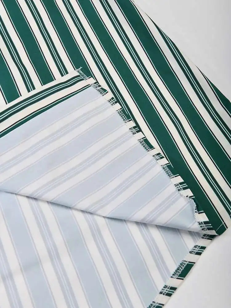 Women Green Striped Big Size Vintage Blouse New Lapel Long Sleeve Loose Fit Shirt Fashion Tide Spring Autumn 2025 CPG0669