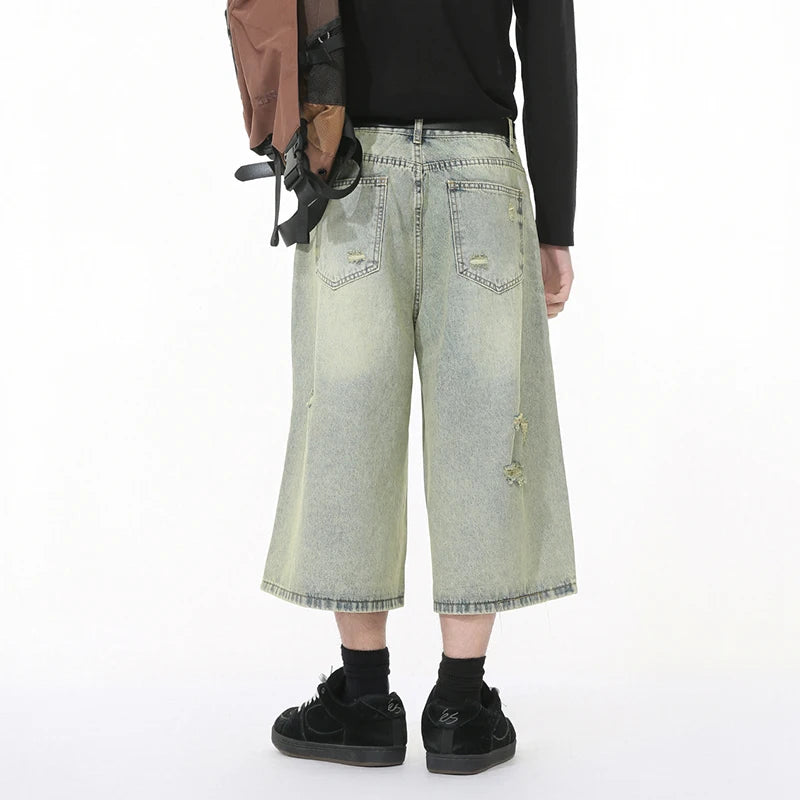 High Street Men's Denim Shorts Irregular Holes Design Solid Color Straight Trousers Wide Leg Summer Male Jeans New 9W1272