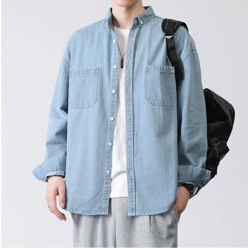 Men's Cargo Denim Shirt Turn-down Collar New Washed Loose Korean Fashion Long Sleeve Male Shirts Spring 2025 9W1317