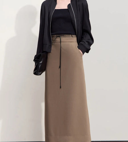 Minimalism Skirts For Women 2024 Autumn New Commuter Contrast Stitching With Waist Rope Lady Split Straight Skirt 12443027