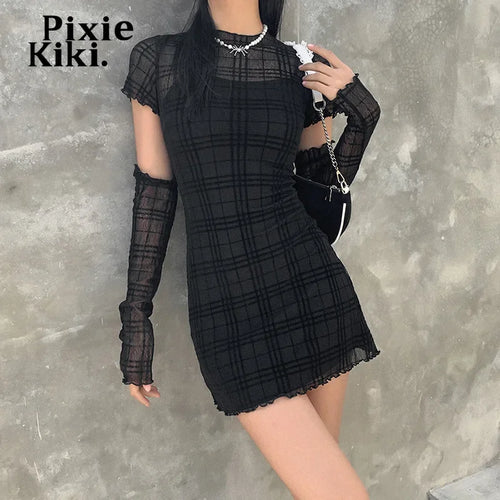 Load image into Gallery viewer, Black Mesh Plaid Dress 3 Piece Set Dark Academia Mall Goth Sexy Bodycon Mini Dress Egirl Style Clothes P94-CH29
