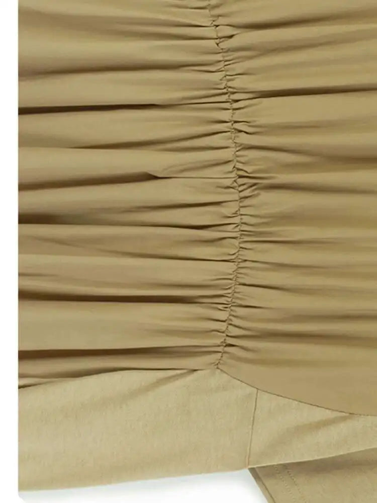 Women Khaki Pleated Spliced Big Size Midi Casual Dress New Round Neck Short Sleeve Fashion Tide Spring Summer 2025 1DH9811