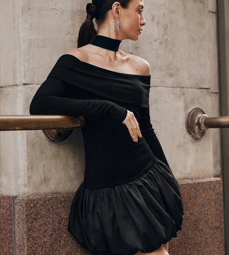 Fall Elegant Slash Neck Matching Color Long Sleeve Sexy Pleated Mini Prom Dress Women Outfits Birthday Party Festival