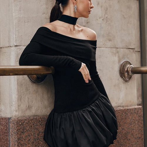 Load image into Gallery viewer, Fall Elegant Slash Neck Matching Color Long Sleeve Sexy Pleated Mini Prom Dress Women Outfits Birthday Party Festival
