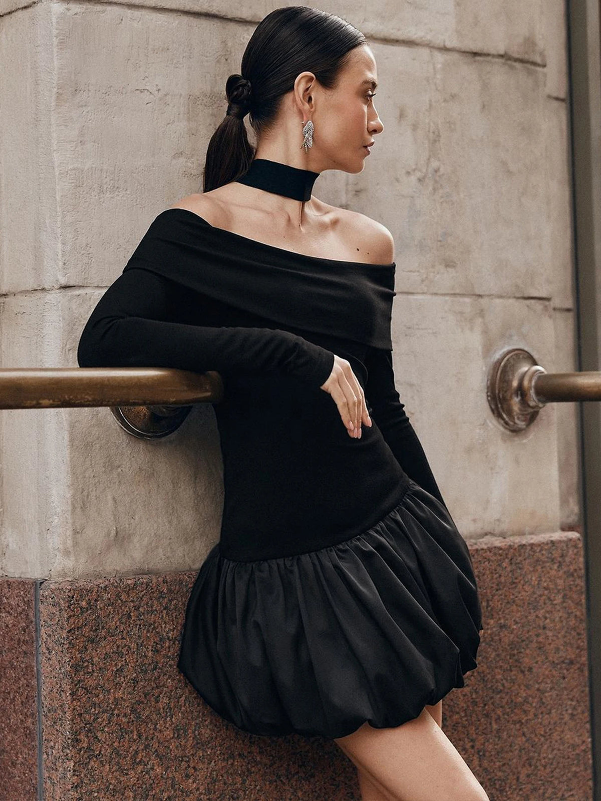 Fall Elegant Slash Neck Matching Color Long Sleeve Sexy Pleated Mini Prom Dress Women Outfits Birthday Party Festival