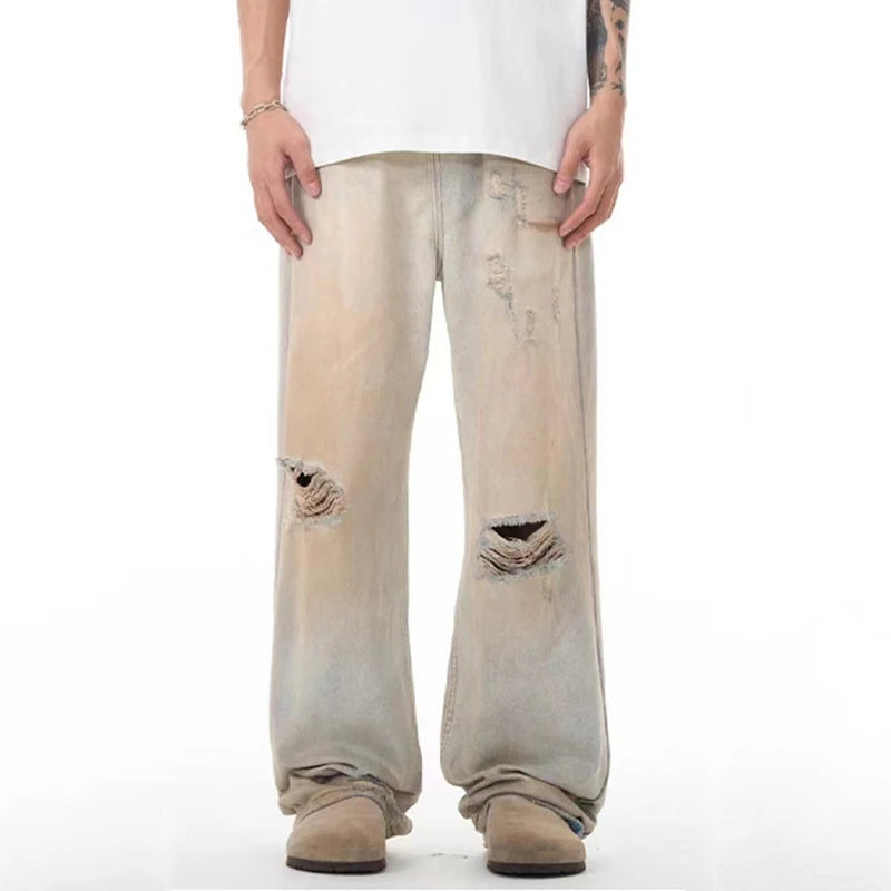 Men's Jeans Washed Distressed New American High Streeet Style Worn-out Loose Hole Trendy Male Casual Trousers 9W1823