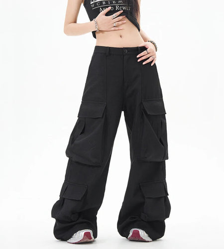 Chic Men's Cargo Pants American Style Multi Pockets Straight Leg Solid Color High Street Male Bottoms Summer 9W1918