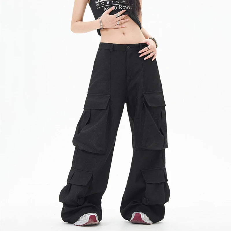 Chic Men's Cargo Pants American Style Multi Pockets Straight Leg Solid Color High Street Male Bottoms Summer 9W1918