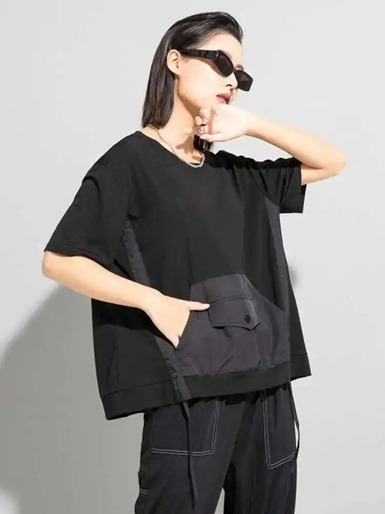 Women Red Color-block Pocket Big Size Casual  T-shirt New Round Neck Short Sleeve Fashion Tide Spring Summer 2025 1DH5953