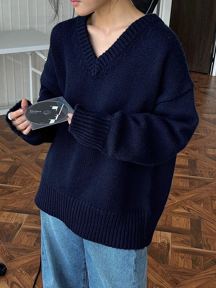 50% Wool Thick Big Size Knitting Sweater V-Neck Long Sleeve Women Pullovers New Fashion Tide Spring Autumn 2025 1DH7319