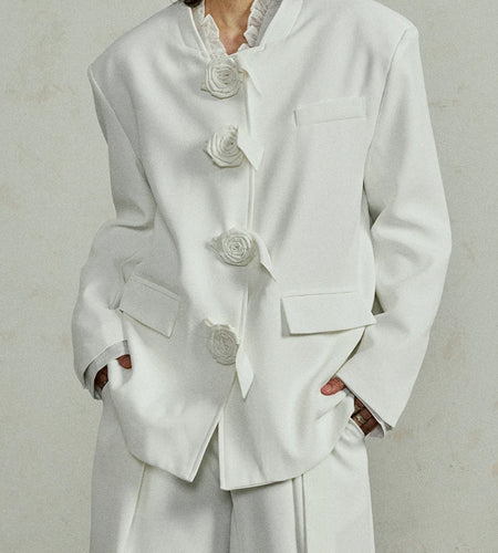 Women Three-dimensional Flower Big Size Blazer New Stand Collar Long Sleeve Jacket Fashion Tide Spring Autumn 2025 1DJ0287