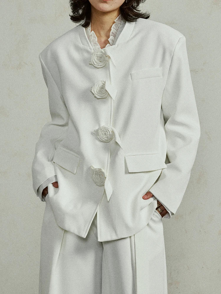 Women Three-dimensional Flower Big Size Blazer New Stand Collar Long Sleeve Jacket Fashion Tide Spring Autumn 2025 1DJ0287