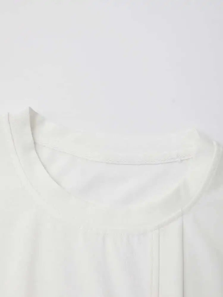 Women White Irregular Spliced Big Size Casual T-shirt New Round Neck Short Sleeve Fashion Tide Spring Summer 2025 1DH5360