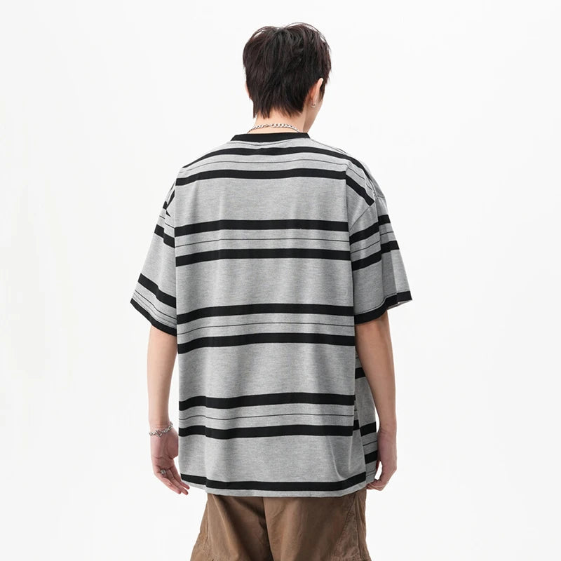 Men' Short Sleeve T-shirts New Summer American Fanshion Striped Round Neck Trendy Male Casual Pullover Top T-shirt 9W1668
