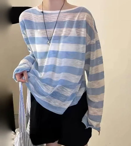 Striped Top Women y2k Clothes Basic Round Neck Long Sleeve Cross Backless Loose Fit T Shirt 2000s Clothing Streetwear