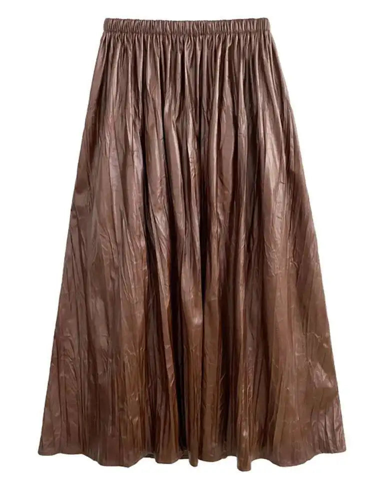 High Elastic Waist Coffee Pleated Midi Pu Leather Half-body Skirt Women Fashion Tide New Spring Autumn 2025 1DH1592