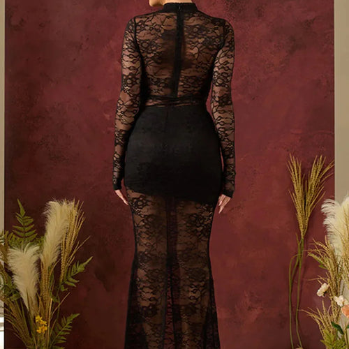 Load image into Gallery viewer, Elegant Lace Long Sleeved Bodysuit Half Skirt Two-piece Set Women Sexy Perspective Slim Set Winter New 2025 Clothing

