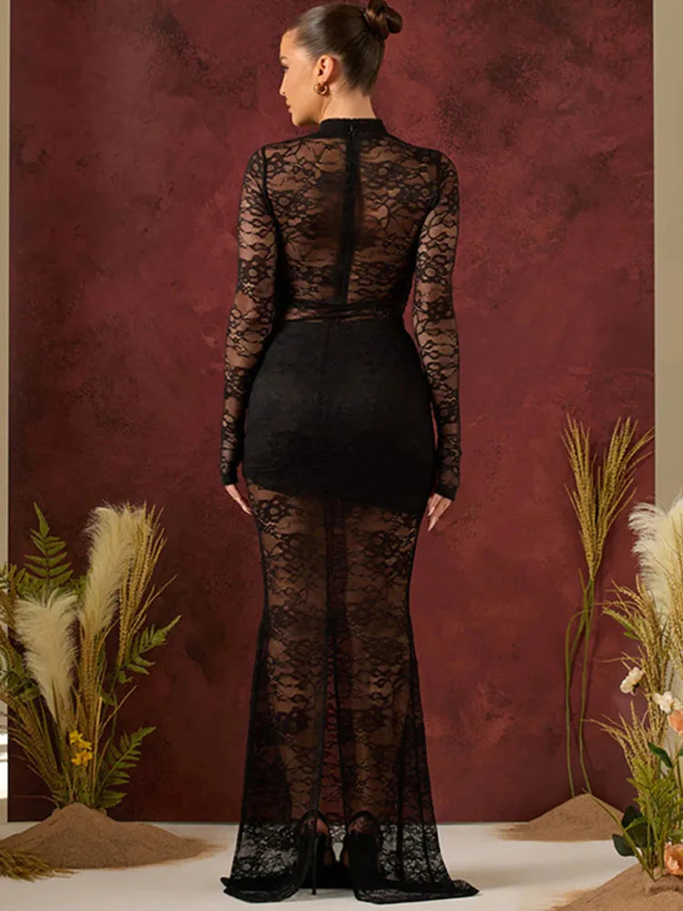 Elegant Lace Long Sleeved Bodysuit Half Skirt Two-piece Set Women Sexy Perspective Slim Set Winter New 2025 Clothing