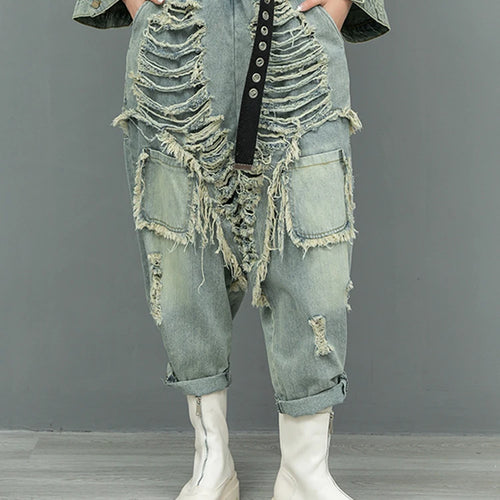 Load image into Gallery viewer, Blue Denim Holes Tassels Big Size Casual Jacket New Lapel Long Sleeve Women Coat Fashion Tide Spring Autumn 2025 1DH9908
