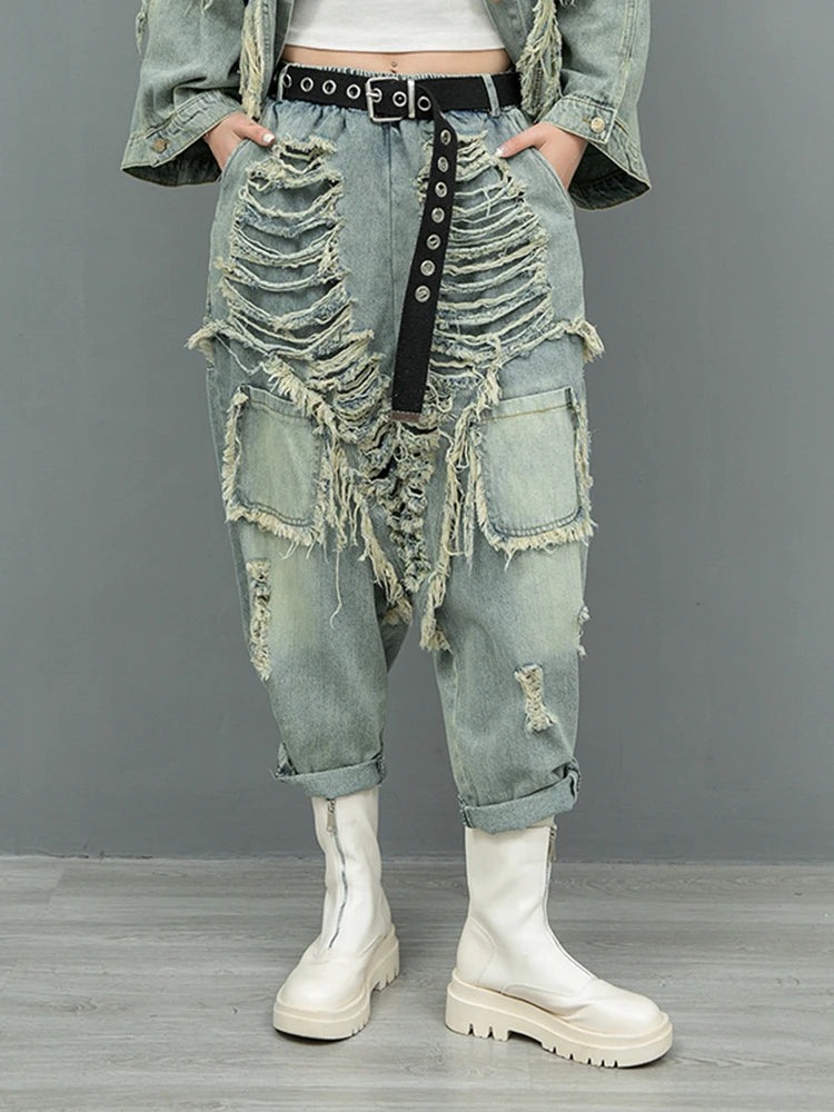 Blue Denim Holes Tassels Big Size Casual Jacket New Lapel Long Sleeve Women Coat Fashion Tide Spring Autumn 2025 1DH9908