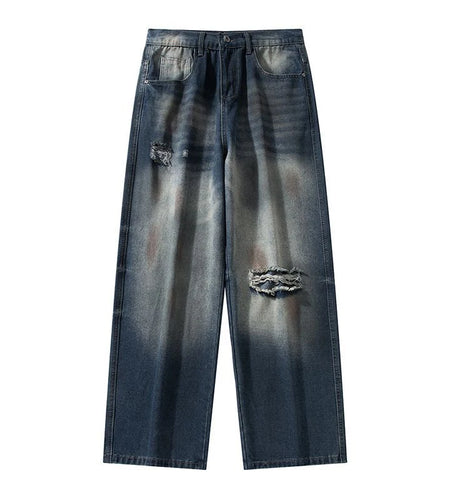 Men's Jeans Washed Dirty Ripped Stylish Hole Worn-out Design High Street Straight Leg Trendy Male Casual Trousers 9W2024