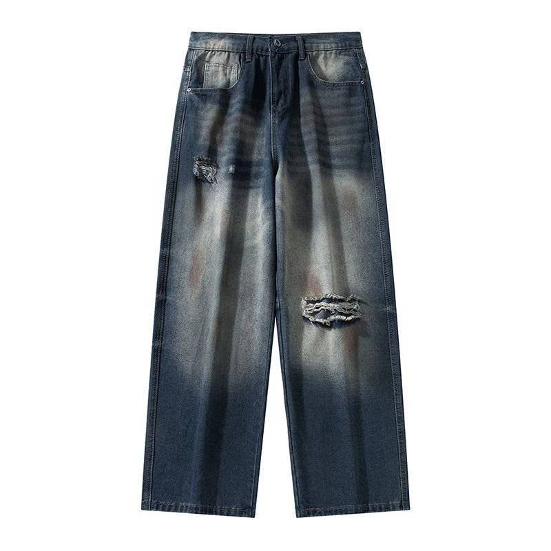 Men's Jeans Washed Dirty Ripped Stylish Hole Worn-out Design High Street Straight Leg Trendy Male Casual Trousers 9W2024