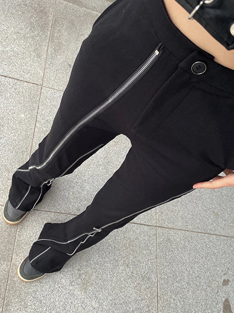 Patchwork Zipper Wide Leg Pants For Women High Waist Casual Loose Trousers Female Fashion Style Clothing